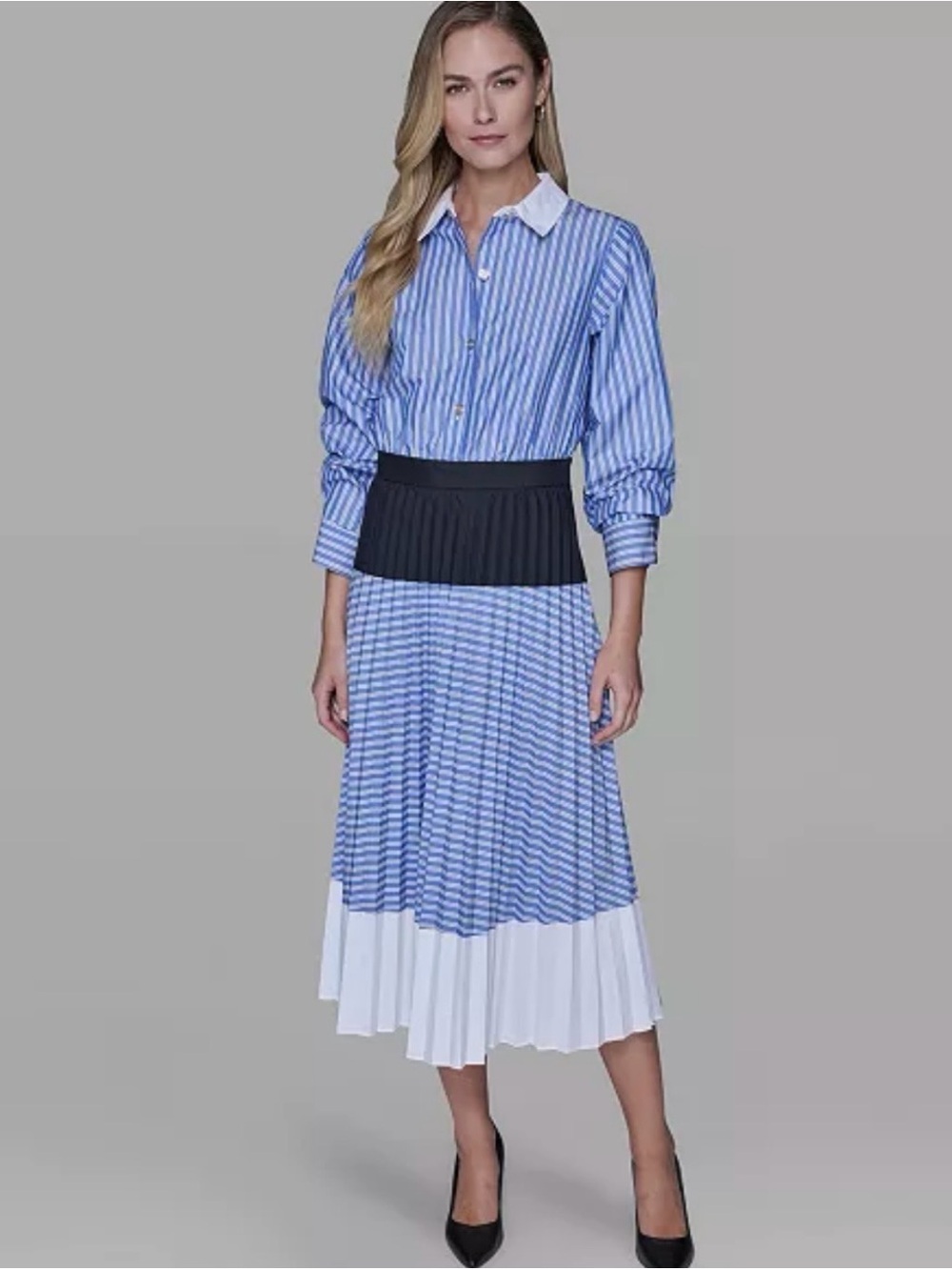 Karl langerfield Blue Striped Pleated Midi Skirt - Classic Blue